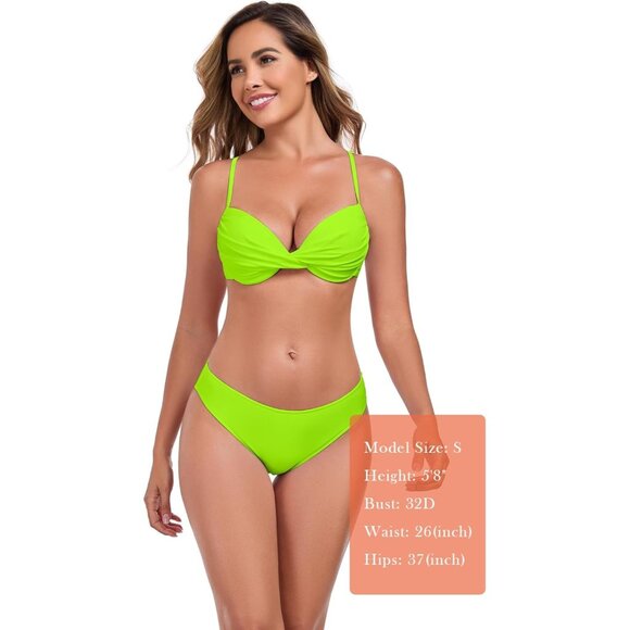 Women's Neon Green Push Up Bikini Tops Ruched Twist Front Underwear Top Swimsuit - Picture 7 of 8